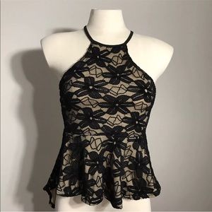 Womens Topia Black Floral Lace Cross Back Top SZ M